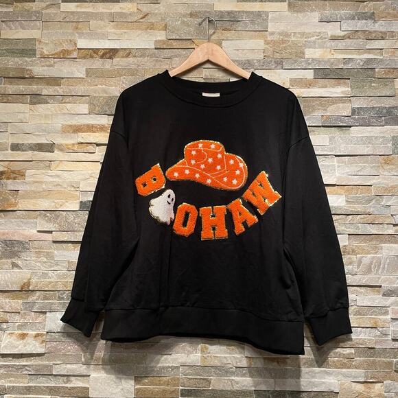 BIBI Boo Haw Halloween Sweatshirt S | Cowboy Hat Ghost Western Fall Pullover NWT - Picture 1 of 8